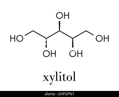 Xilitolo dolcificante artificiale molecola. Utilizzato come sostituto dello zucchero. Formula di scheletro. Illustrazione Vettoriale