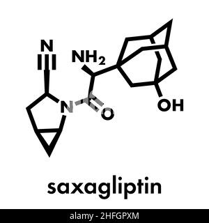 Molecola di farmaco per il diabete di Saxagliptin. Inibitore della dipeptidil peptidasi-4 (DPP4). Formula scheletrica. Illustrazione Vettoriale
