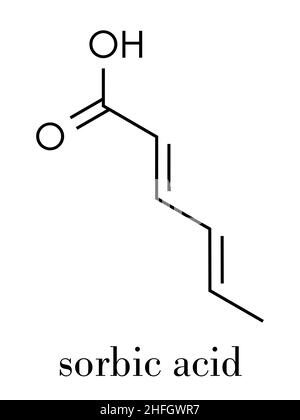 Molecola di conservante dell'alimento dell'acido sorbico. Sorbato (sodio, potassio, calcio) utilizzato anche per lo stesso scopo. Formula scheletrica. Illustrazione Vettoriale