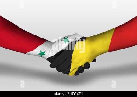 Handshake tra Australia e Siria bandiere dipinte sulle mani, illustrazione con tracciato di clipping. Foto Stock