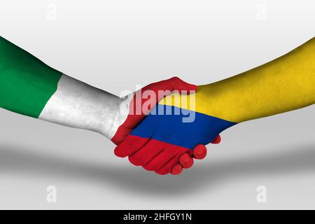 Handshake tra cina e italia bandiere dipinte sulle mani, illustrazione con tracciato di clipping. Foto Stock