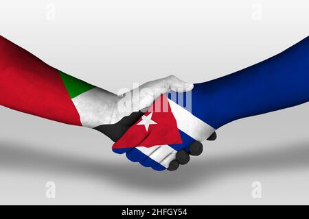 Stretta di mano tra la colombia e gli emirati arabi uniti bandiere dipinte sulle mani, illustrazione con tracciato di clipping. Foto Stock
