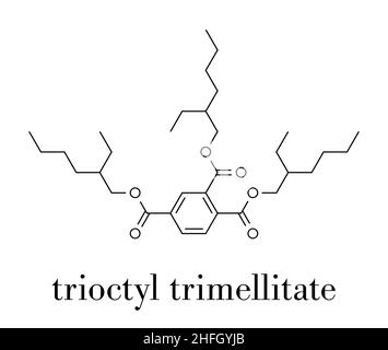 Molecola plastificante di tri-ottil-trimellitato (TOTM, tris (2-etilesil) trimellitato). Alternativa ai plastificanti ftalati. Formula scheletrica. Illustrazione Vettoriale