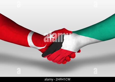 Handshake tra le bandiere di kuwait e tacchino dipinte sulle mani, illustrazione con tracciato di clipping. Foto Stock