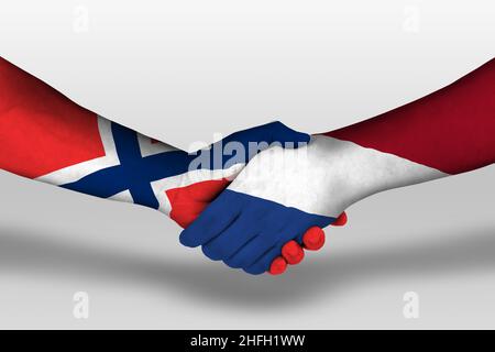 Handshake tra paesi bassi e norvegia bandiere dipinte sulle mani, illustrazione con tracciato di clipping. Foto Stock