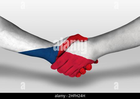 Handshake tra polonia e repubblica ceca bandiere dipinte sulle mani, illustrazione con tracciato di clipping. Foto Stock