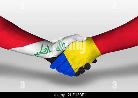 Stretta di mano tra la romania e l'iraq bandiere dipinte sulle mani, illustrazione con percorso di clipping. Foto Stock