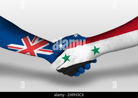 Handshake tra siria e australia bandiere dipinte sulle mani, illustrazione con tracciato di clipping. Foto Stock