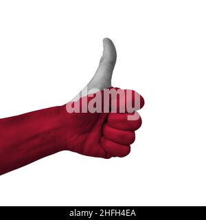Mano facendo i pollici su segno, polonia dipinto con bandiera come simbolo di pollici su, come, okay, positivo - isolato su sfondo bianco Foto Stock