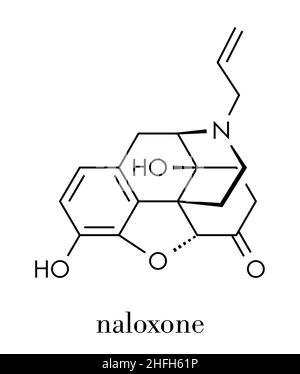 Antagonista del recettore oppioide naloxone. Farmaco usato nel trattamento del sovradosaggio da oppioidi. Formula scheletrica. Illustrazione Vettoriale