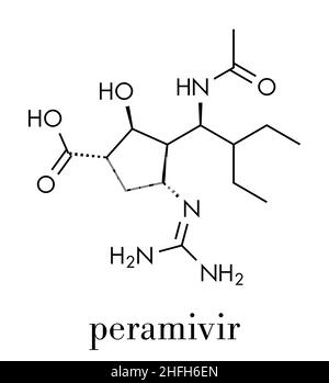 Molecola di farmaco influenzale di Peramivir (inibitore della neuraminidasi). Formula scheletrica. Illustrazione Vettoriale