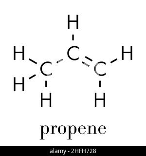 Molecola di propene (propilene). Materiale del blocco di costruzione in polipropilene (PP, poliprene). Formula scheletrica. Illustrazione Vettoriale