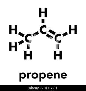 Molecola di propene (propilene). Materiale del blocco di costruzione in polipropilene (PP, poliprene). Formula scheletrica. Illustrazione Vettoriale