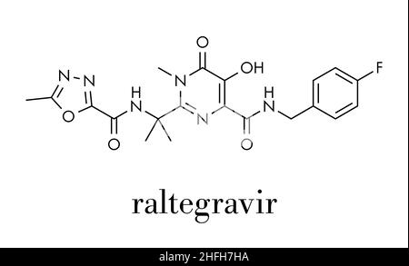 Raltegravir farmaco HIV integrasi (classe di inibitore della molecola). Formula di scheletro. Illustrazione Vettoriale