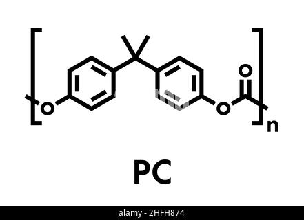 Policarbonato (PC) in plastica, struttura chimica. Realizzato da fosgene e bisfenolo A. formula scheletrico. Illustrazione Vettoriale