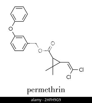 Insetticida piretroide di permethrin. Usato per trattare scabbia e pidocchi di testa negli esseri umani. Usato per impregnare le zanzariere e nei collari delle pulci per cani. Skele Illustrazione Vettoriale