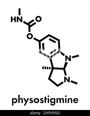 La fisostigmina alcaloide molecola. Presente in calabar bean e manchineel tree, agisce come inibitore di acetilcolinesterasi. Formula di scheletro. Illustrazione Vettoriale