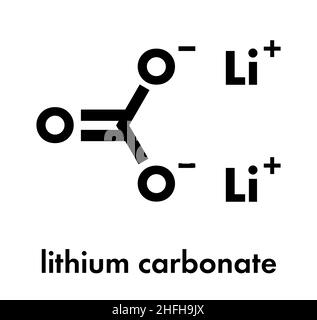 Carbonato di litio (Li2CO3) disturbo bipolare molecola di farmaco. Formula di scheletro. Illustrazione Vettoriale