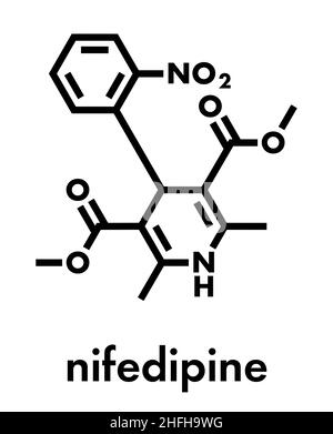 Nifedipina calcio antagonista farmaco. Usato nel trattamento dell'angina e dell'ipertensione (pressione alta). Formula scheletrica. Illustrazione Vettoriale
