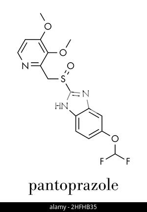 Pantoprazolo molecola di farmaco per ulcera gastrica (inibitore della pompa protonica). Formula scheletrica. Illustrazione Vettoriale