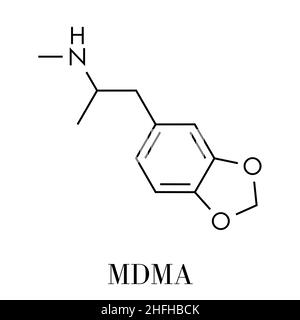 MDMA (XTC, e ecstasy) partito molecola di farmaco. Completa il nome chimico è 3,4-methylenedioxymethamphetamine. Formula di scheletro. Illustrazione Vettoriale