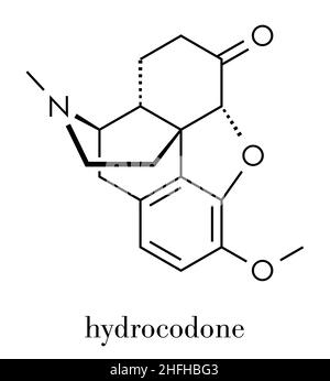 Molecola di farmaco di analgesico narcotico di idrocodone. Usato anche come medicinale per la tosse. Formula scheletrica. Illustrazione Vettoriale