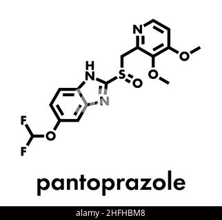 Pantoprazolo molecola di farmaco per ulcera gastrica (inibitore della pompa protonica). Formula scheletrica. Illustrazione Vettoriale