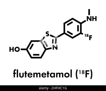 Flutemetamol (18F) molecola tracciante PET. Usato per diagnosticare la malattia di Alzheimer. Formula scheletrica. Illustrazione Vettoriale