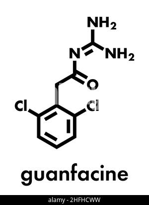 Guanfacine ADHD molecola di farmaco. Formula di scheletro. Illustrazione Vettoriale