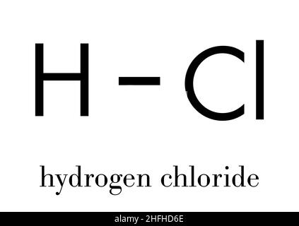 Cloruro di idrogeno (HCl) molecola, struttura chimica. Altamente corrosivo acido minerale; componente acido del succo gastrico (acido dello stomaco). Formula di scheletro. Illustrazione Vettoriale