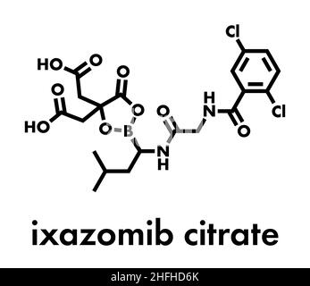 Ixazomib citrato molecola di farmaco mieloma multiplo (inibitore del proteasoma). Formula scheletrica. Illustrazione Vettoriale