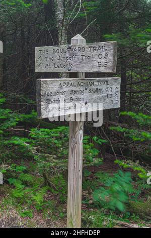 Insegna sull'Appalachian Trail nel parco nazionale delle Great Smoky Mountains Foto Stock