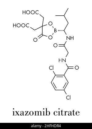 Ixazomib citrato molecola di farmaco mieloma multiplo (inibitore del proteasoma). Formula scheletrica. Illustrazione Vettoriale