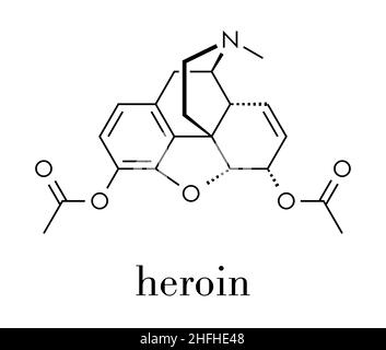 Eroina (diacetylmorphine, morfina, diacetato di diamorfina) oppioide molecola di farmaco. Formula di scheletro. Illustrazione Vettoriale