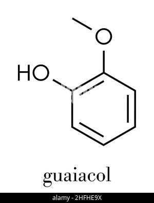 Il guaiacolo molecola aromatica. Responsabile per il gusto affumicato di cibi affumicati. Formula di scheletro. Illustrazione Vettoriale