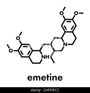 Emetina molecola. Ha emetici (induce il vomito) e anti-protozoari proprietà. Formula di scheletro. Illustrazione Vettoriale