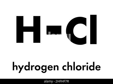 Cloruro di idrogeno (HCl) molecola, struttura chimica. Altamente corrosivo acido minerale; componente acido del succo gastrico (acido dello stomaco). Formula di scheletro. Illustrazione Vettoriale