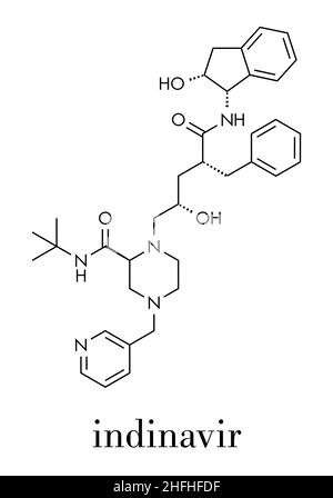 Indinavir molecola di farmaco HIV. Appartiene alla classe degli inibitori della proteasi. Formula scheletrica. Illustrazione Vettoriale