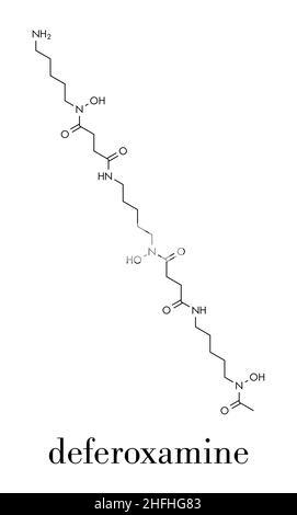 Molecola di farmaco deferossamina. Usato per trattare l'avvelenamento da ferro (emocromatosi). Formula scheletrica. Illustrazione Vettoriale