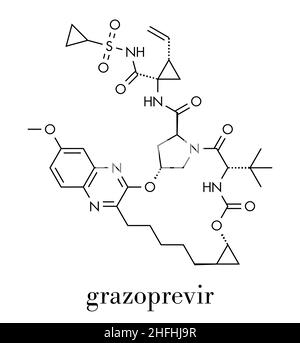 Molecola di farmaco del virus dell'epatite C di Grazopravir (inibitore della proteasi). Formula scheletrica. Illustrazione Vettoriale