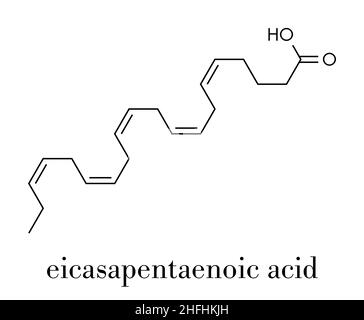 Acido Eicasapentaenoic (EPA, acido timnodonic molecola). Polinsaturo Omega-3 acido grasso, presente nell'olio di pesce. Formula di scheletro. Illustrazione Vettoriale