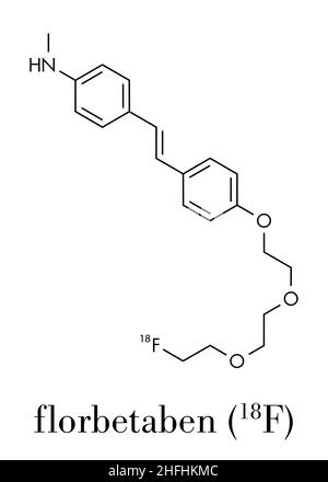 Molecola radiofarmaceutica di Florbetaben. Utilizzato per l'imaging di placche beta-amiloidi nel morbo di Alzheimer da parte del PET. Formula scheletrica. Illustrazione Vettoriale