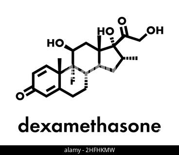 Il desametasone glucocorticoide di farmaco. Farmaco steroideo con anti-infiammatorio e proprietà di immunosoppressione. Formula di scheletro. Illustrazione Vettoriale