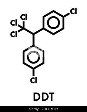 Molecola DDT (diclorodifeniltricloroetano). Pesticida controverso, utilizzato in agricoltura e per il controllo vettoriale della malattia da malaria. Formula scheletrica. Illustrazione Vettoriale