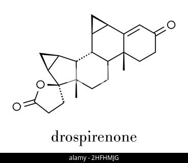 Molecola di farmaco contraccettivo di Drospirenone. Progestina usata nelle pillole anticoncezionali. Formula scheletrica. Illustrazione Vettoriale