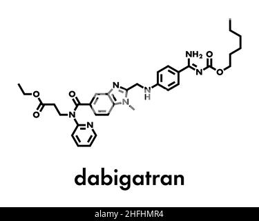 Dabigatran farmaco anticoagulante (diretto inibitore della trombina molecola). Formula di scheletro. Illustrazione Vettoriale