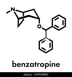 Benzatropina (benztropina) molecola anticolinergica. Usato nel trattamento del morbo di Parkinson e del Parkinsonismo. Formula scheletrica. Illustrazione Vettoriale