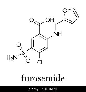 Furosemide Diuretici molecola di farmaco. Dal punto di vista medico usato per trattamento di ipertensione. Anche usato come agente di mascheramento in sport doping. Formula di scheletro. Illustrazione Vettoriale