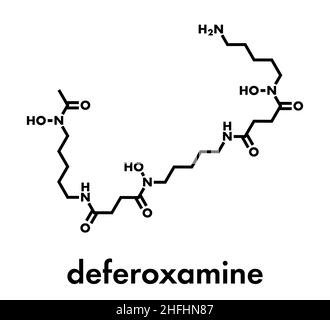 Molecola di farmaco deferossamina. Usato per trattare l'avvelenamento da ferro (emocromatosi). Formula scheletrica. Illustrazione Vettoriale