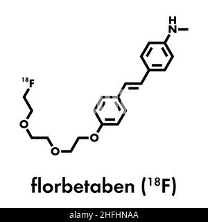 Molecola radiofarmaceutica di Florbetaben. Utilizzato per l'imaging di placche beta-amiloidi nel morbo di Alzheimer da parte del PET. Formula scheletrica. Illustrazione Vettoriale